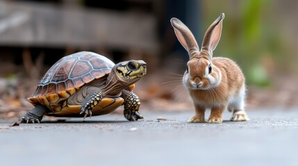 A calm interaction as a turtle and a rabbit stand close together on a paved ground, demonstrating the peaceful coexistence of these two different animals in a serene environment.