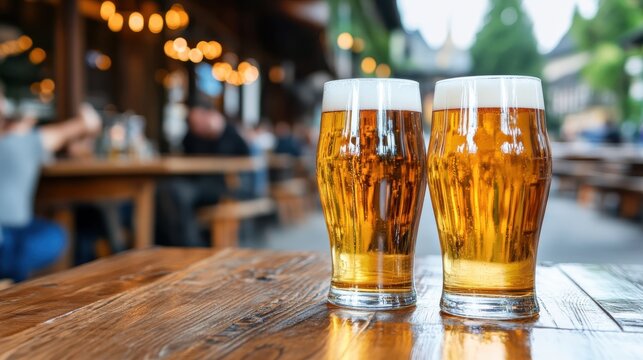 Close-up of two pints filled with golden beer set on a wooden table at an outdoor pub, featuring bokeh of festive lights and people in the background.