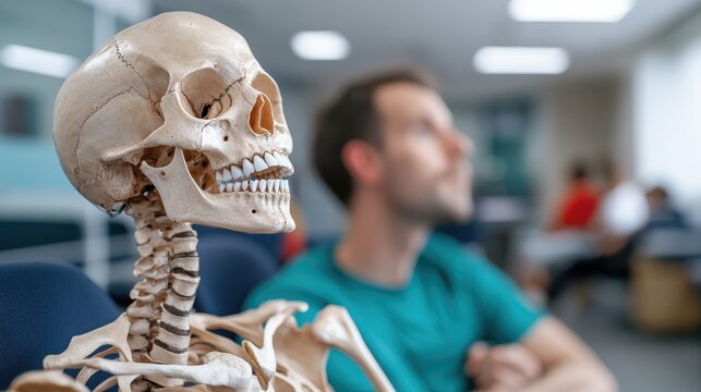 Amusing image of a skeleton gazing at a person seated nearby in an indoor environment, suggesting a lighthearted take on the concept of waiting, time, and human interaction.