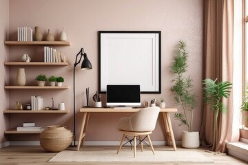 Cozy workplace interior at home with frame mockup, 3d render