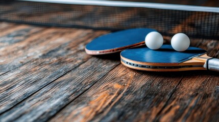 Two blue table tennis paddles and two white ping pong balls are lying on a wooden table, with a blurred net and background, suggesting indoor sports setting.