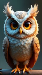 A cute owl   rendered in 3D with a reflective glossy finish emphasizing its striking appearance  