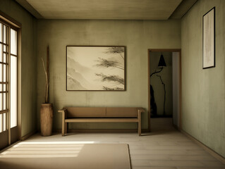 Wabi sabi japanese style rustic interior in with wood, pottery and texture elements