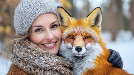 Obraz premium A joyous woman warmly dressed embraces her pet fox, both of them smiling for the camera, beautifully capturing their bond in a snowy winter setting.
