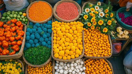 Vibrant Marketplace Tapestry: A kaleidoscope of colors and textures, capturing the essence of a bustling market with baskets overflowing with flowers, fruits, and vegetables. 