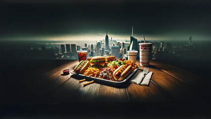 Savor iconic American fast food—burgers, hot dogs, and fries—set against the breathtaking skyline of New York City. A celebration of American culture and the fast-paced energy of the Big Apple 