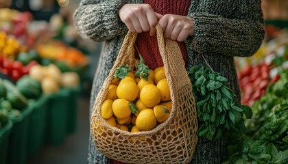 Eco-friendly practices with a person using a reusable shopping bag at a local market, promoting sustainability in everyday life, Sustainable, Bright, Detailed
