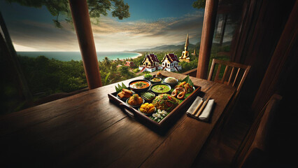Indulge in a traditional Thai meal featuring curry, stir-fried dishes, and mango sticky rice, all set against the serene backdrop of Thailand’s coastal temples and lush landscape 