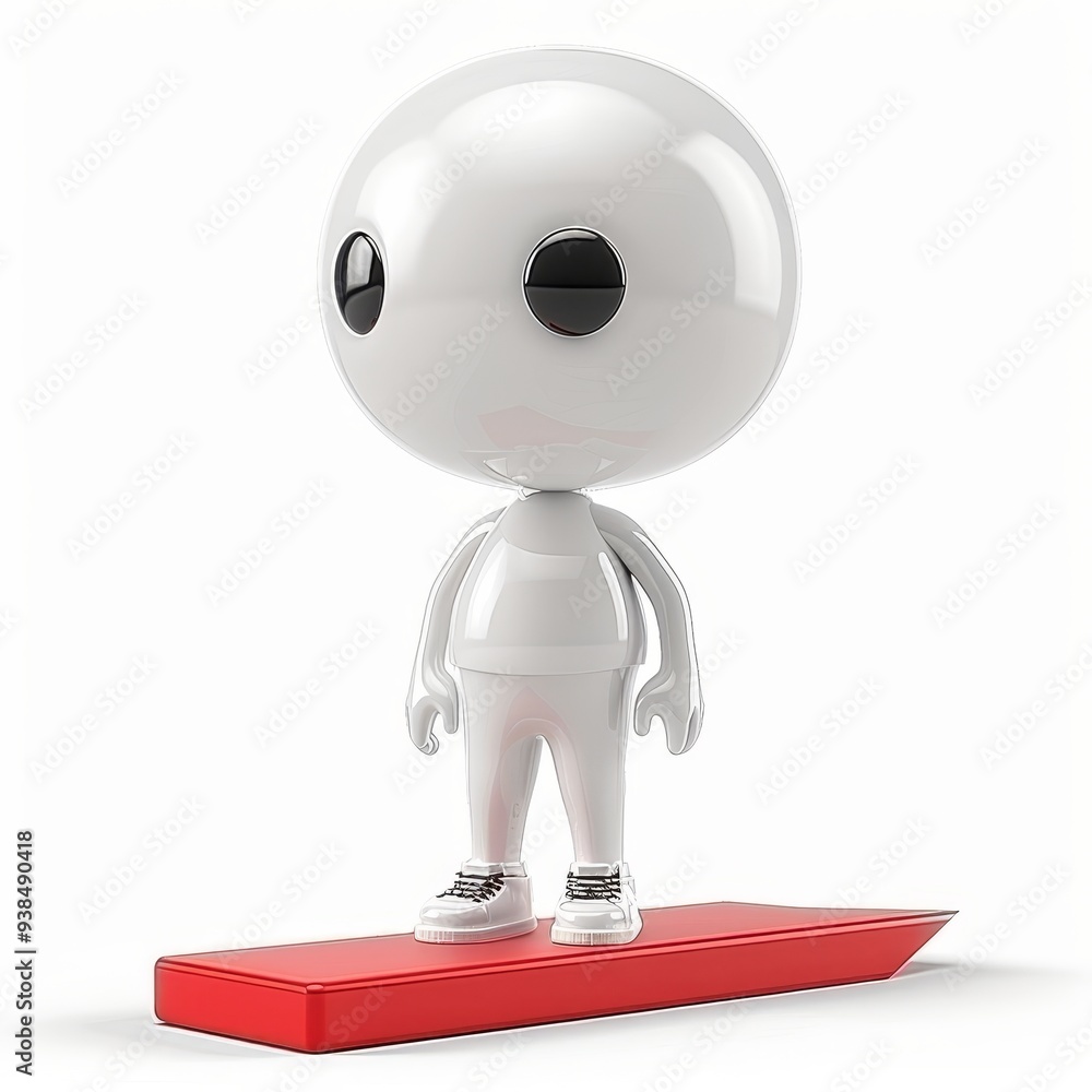 Poster the plasticine character is white with black eyes and a simple design. it stands on a solid red arro