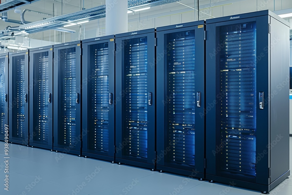 Aufkleber a server room with rows of black cabinets holding computer equipment. blue lights create a futuristi