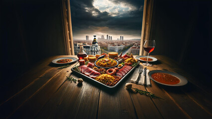 Enjoy a traditional Spanish feast with paella, jamón, and wine, set against the stunning skyline of Madrid, showcasing the city’s iconic architecture and cultural richness 