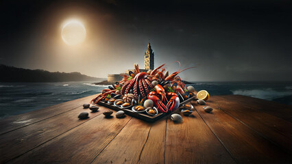 Indulge in a rich assortment of fresh seafood against the backdrop of the Tower of Hercules, capturing the essence of Galicia’s coastal culinary heritage under the moonlit sky 