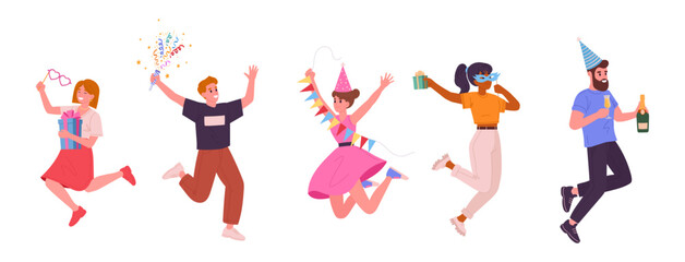 Celebrating jumping people. Cheerful men and women dancing and having fun, dancing positive people group flat vector illustration set. Cartoon Birthday party celebration