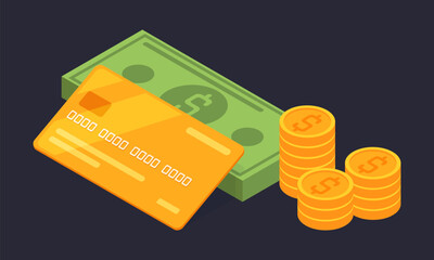 Isometric money. Cash dollars banknote, golden coins and credit card, money wealth concept 3d vector illustration. Money symbols isolated on dark background