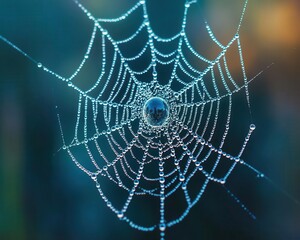 Nature exploration photography with a macro shot of a dew-covered spider web, capturing the intricate beauty of nature, Detailed, Cool Tones, Macro