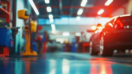 Fototapeta premium In a blurred background, an auto repair shop comes into view, with faint outlines of tools, cars, and machinery. The soft focus creates a sense of activity and craftsmanship in the workshop.