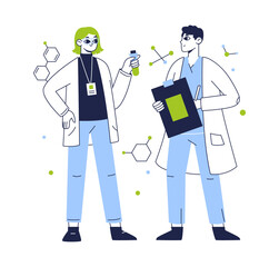 Lab scientists. Biotechnology lab workers, chemistry development, medical laboratory researching flat vector illustration. Chemical scientific experiment scene