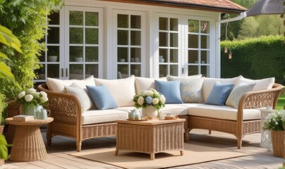 Garden lounge, outdoor furniture and countryside house patio decor with sofa and table, country cottage style landscape design,