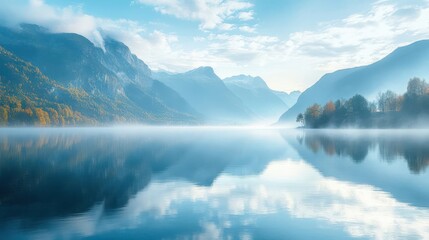 Fototapeta premium Scenic nature view of a tranquil lake surrounded by mountains, with early morning mist rising from the water, Serene, Cool Tones, Wide Angle