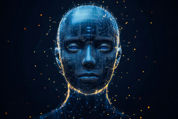 Human face with digital circuits, concept of artificial intelligence and human computer integration