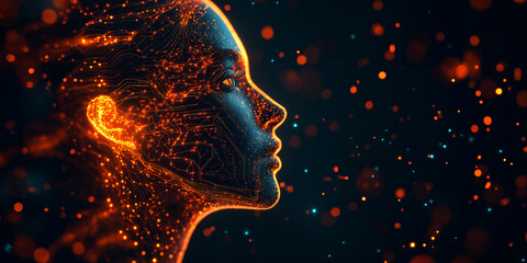 Woman face with digital circuits, concept of artificial intelligence and human computer integration
