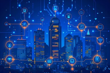 An artistic representation of a futuristic smart city infused with internet of things (IoT) devices and interconnected via wireless networks in vibrant blue and orange hues.