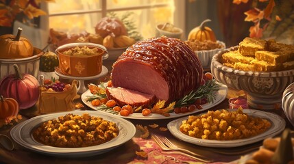 Fototapeta premium Illustration of a Festive Autumn Feast with Glazed Ham, Cornbread, and Seasonal Decorations