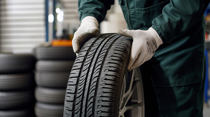 Obraz premium 自動車修理工場でタイヤを持つ整備士の手元