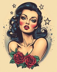 Classic Tattoo-Style Illustration of a Pin-Up Girl with Roses and Stars