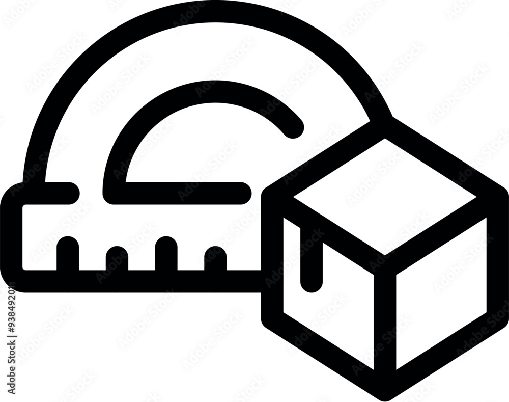 Poster simple black and white line art icon of a protractor measuring a cube, symbolizing precision and tec