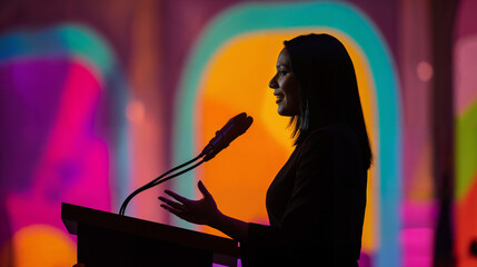 semi silhouette of a young woman at a podium, colorful background
