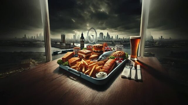 Indulge in traditional British cuisine with fish and chips, pies, and Victoria sponge cake, all set against the iconic London skyline featuring Big Ben and the London Eye. 