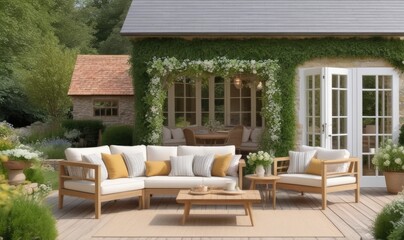 Garden lounge, outdoor furniture and countryside house patio decor with sofa and table, country cottage style landscape design,