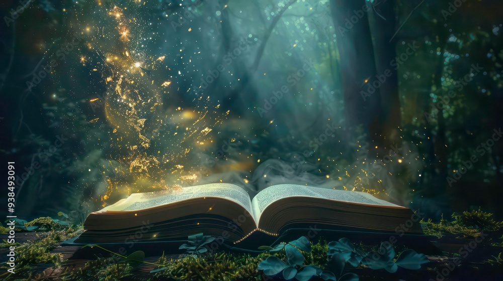 Aufkleber open book on a mossy log in a dark forest with sparkling light.