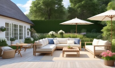 Garden lounge, outdoor furniture and countryside house patio decor with sofa and table, country cottage style landscape design,
