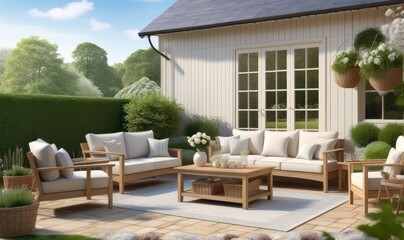 Garden lounge, outdoor furniture and countryside house patio decor with sofa and table, country cottage style landscape design,