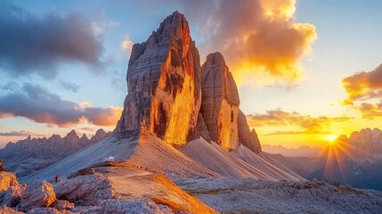 A mighty rocky massif Tre Cime di Lavaredo. Location place Italian Alps, Sexten Dolomiti, South Tyrol, Europe. Photo wallpaper. Popular tourist attraction. Discover the beauty of earth , ai