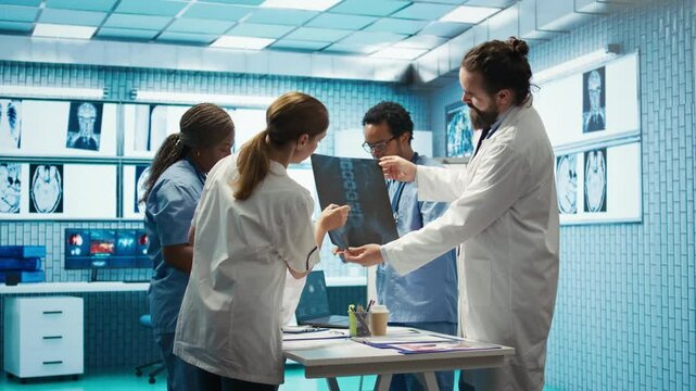 Doctors analyze human anatomy scans in a treatment center, teamwork and expertise in radiology and diagnostics. Medical professionals ensure disease prevention and control. Camera B.