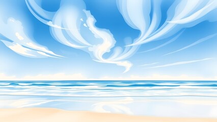 Dreamy Coastal Scene with Delicate Clouds and Gentle Waves - Watercolor Painting