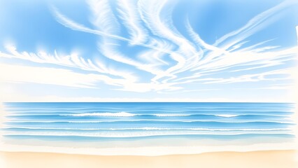 Dreamy Coastal Scene with Delicate Clouds and Gentle Waves - Watercolor Painting