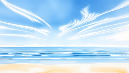 Dreamy Coastal Scene with Delicate Clouds and Gentle Waves - Watercolor Painting