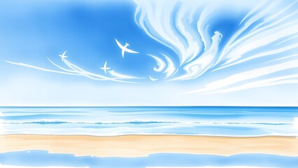 Dreamy Coastal Scene with Delicate Clouds and Gentle Waves - Watercolor Painting