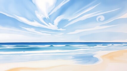 Dreamy Coastal Scene with Delicate Clouds and Gentle Waves - Watercolor Painting