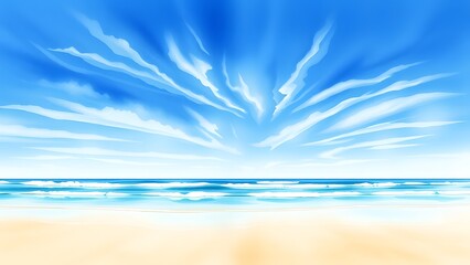 Dreamy Coastal Scene with Delicate Clouds and Gentle Waves - Watercolor Painting