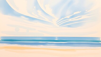 Dreamy Coastal Scene with Delicate Clouds and Gentle Waves - Watercolor Painting