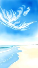 Dreamy Coastal Scene with Delicate Clouds and Gentle Waves - Watercolor Painting