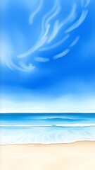 Dreamy Coastal Scene with Delicate Clouds and Gentle Waves - Watercolor Painting