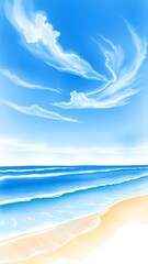Dreamy Coastal Scene with Delicate Clouds and Gentle Waves - Watercolor Painting