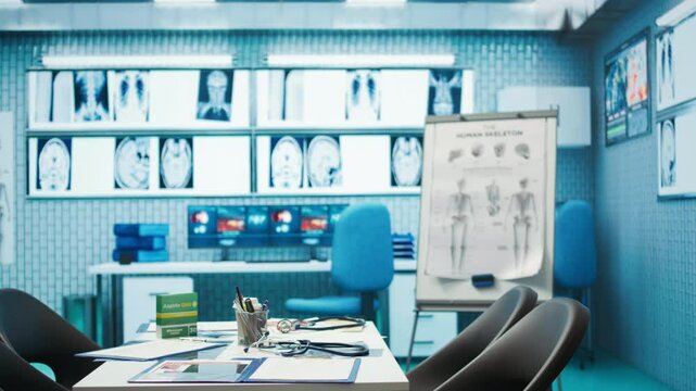 Empty office in a private clinic designed with x ray machine and modern gear used in healthcare industry, medical facility helping with treatment plans on insurance. Disease prevention and therapy.