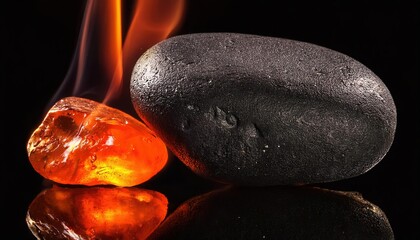 Fossilized Amber and Black Stone with Flame